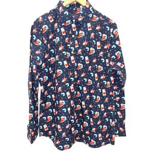 Simon Banks Men's Christmas Santa Surfing Novelty Shirt Navy Size Large 16.5 EUC